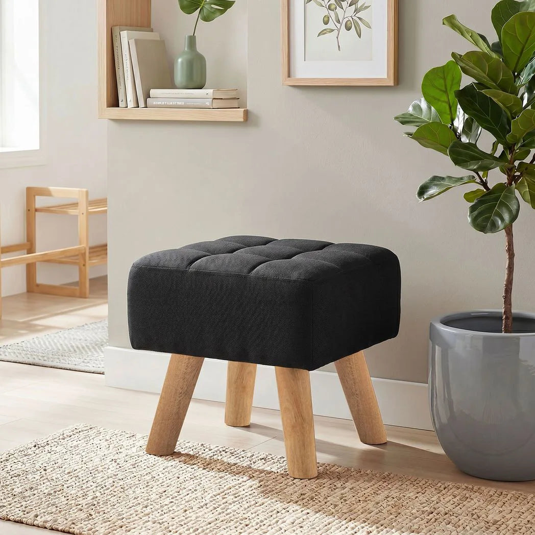 HOMCOM Linen-Look Square Padded Footstool - Black
