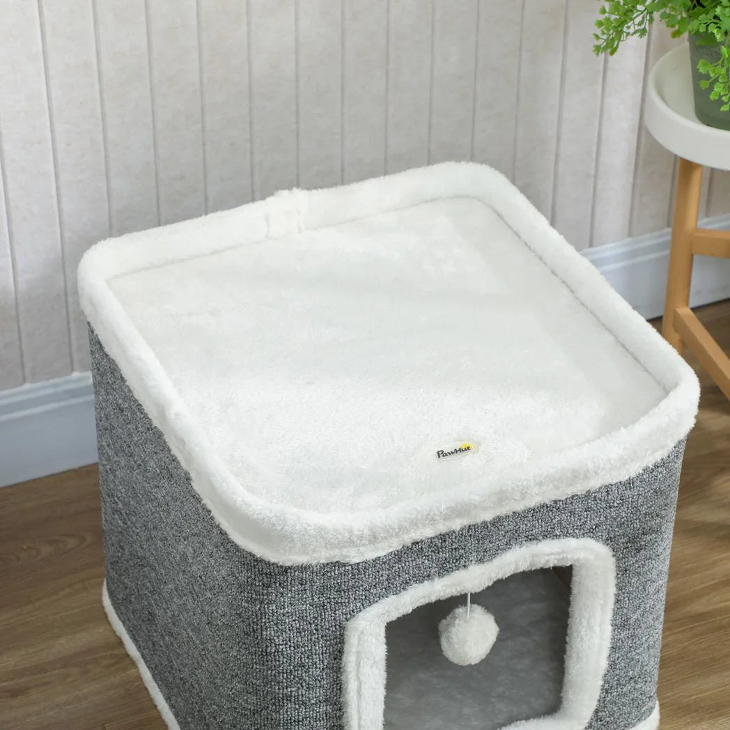 PawHut Cat House for Indoor Kittens, 2-Level Cat Cave Bed with Fluffy Balls, Top Bed, Kitten Barrel for Multi Kitties, Grey