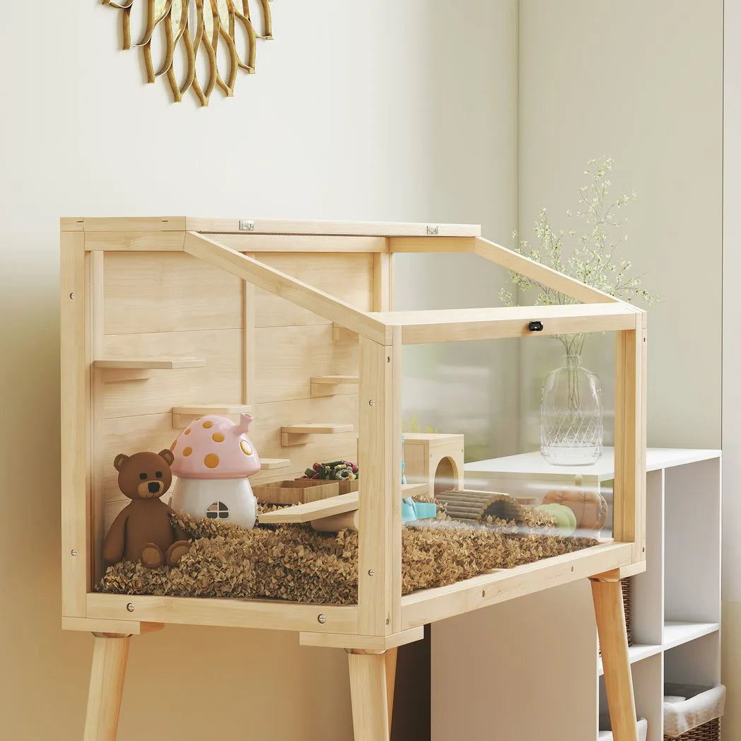 PawHut Wooden Hamster Cage, Hamster Habitat with Openable Top, Seesaws, Platforms, Water Bottle for Gerbils, 110 x 52 x 101 cm