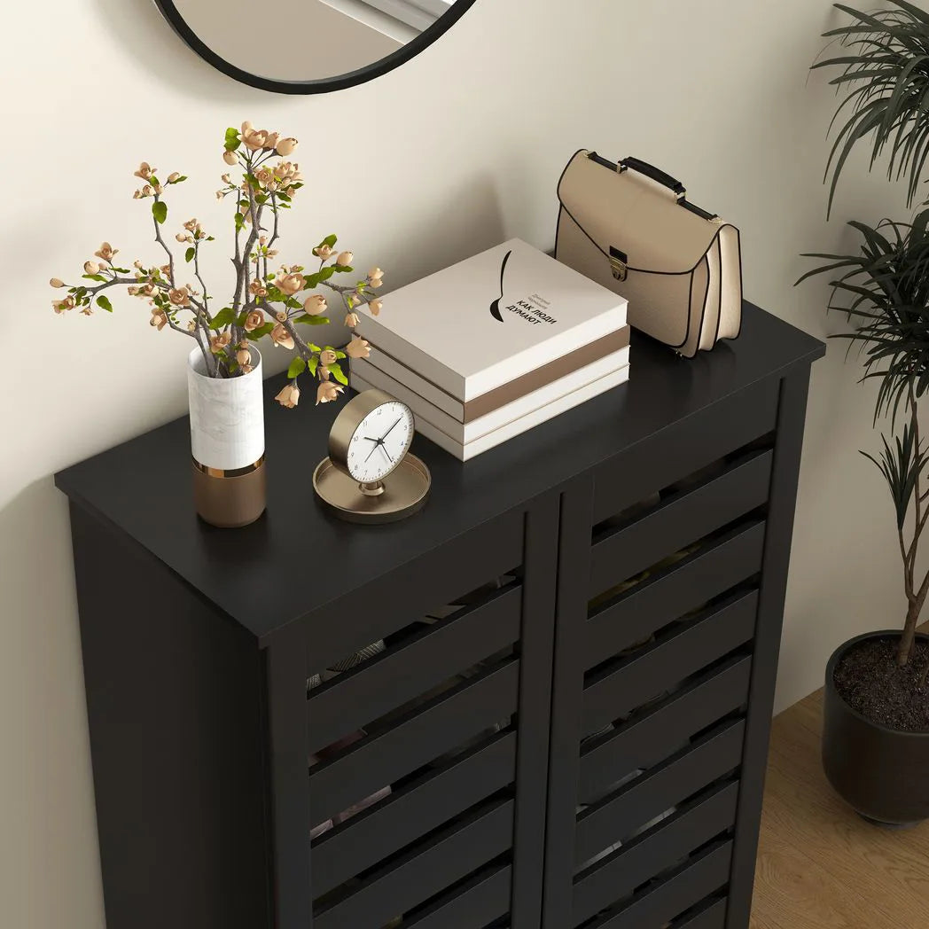 HOMCOM Narrow Shoe Cabinet for Entryway, 5-Tier Slim Shoe Storage Cabinet with 2 Slatted Doors and Adjustable Shelves