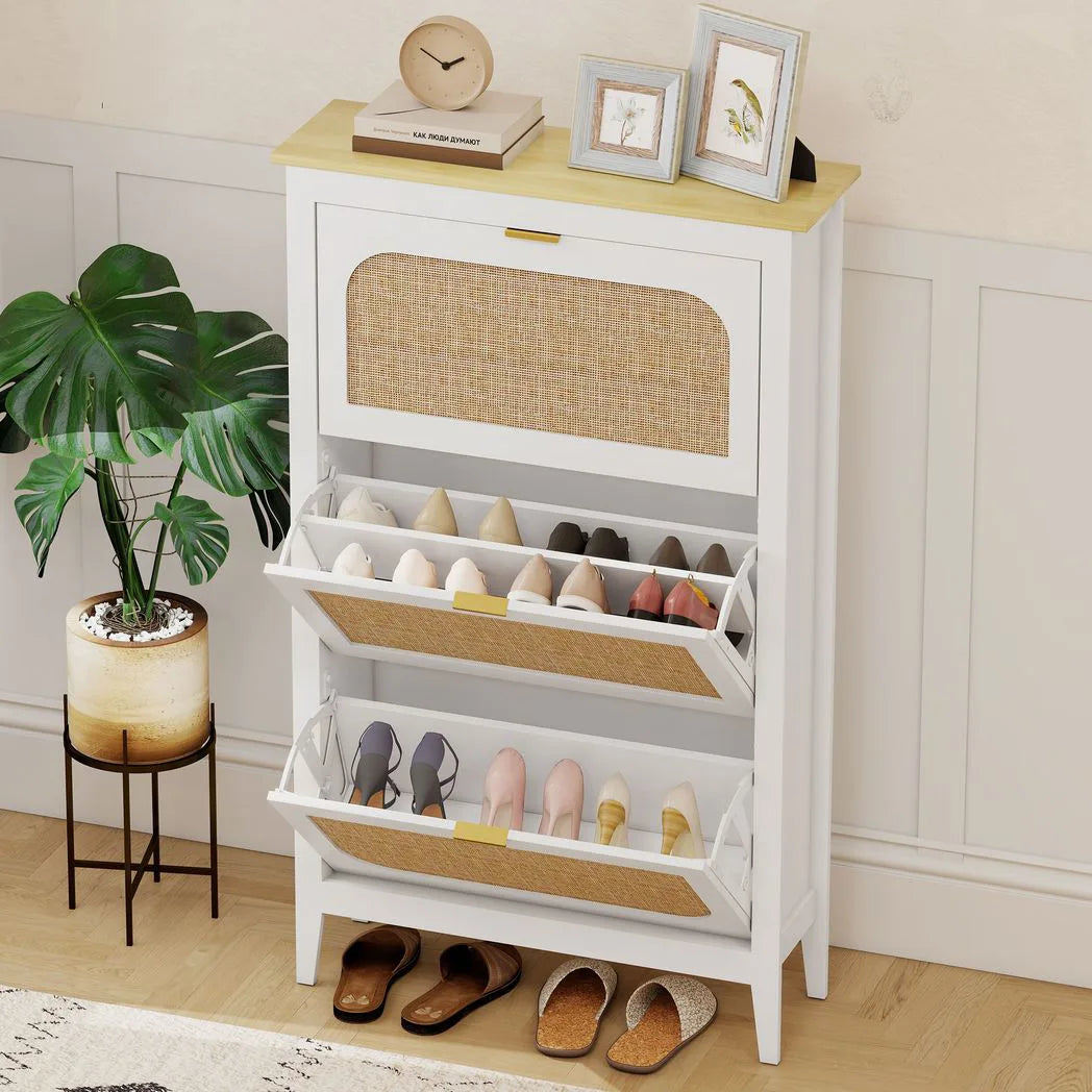 HOMCOM Narrow Shoe Cabinet, Boho Slim Shoe Storage Cabinet with 3 Flip Drawers, Holds 21 Pairs, White