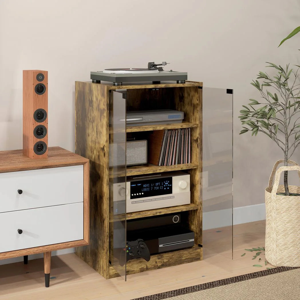HOMCOM 4-Tier Hi-Fi Stand,  Record Player Stand with Adjustable Shelves and Push-to-Open Glass Doors, Rustic Brown
