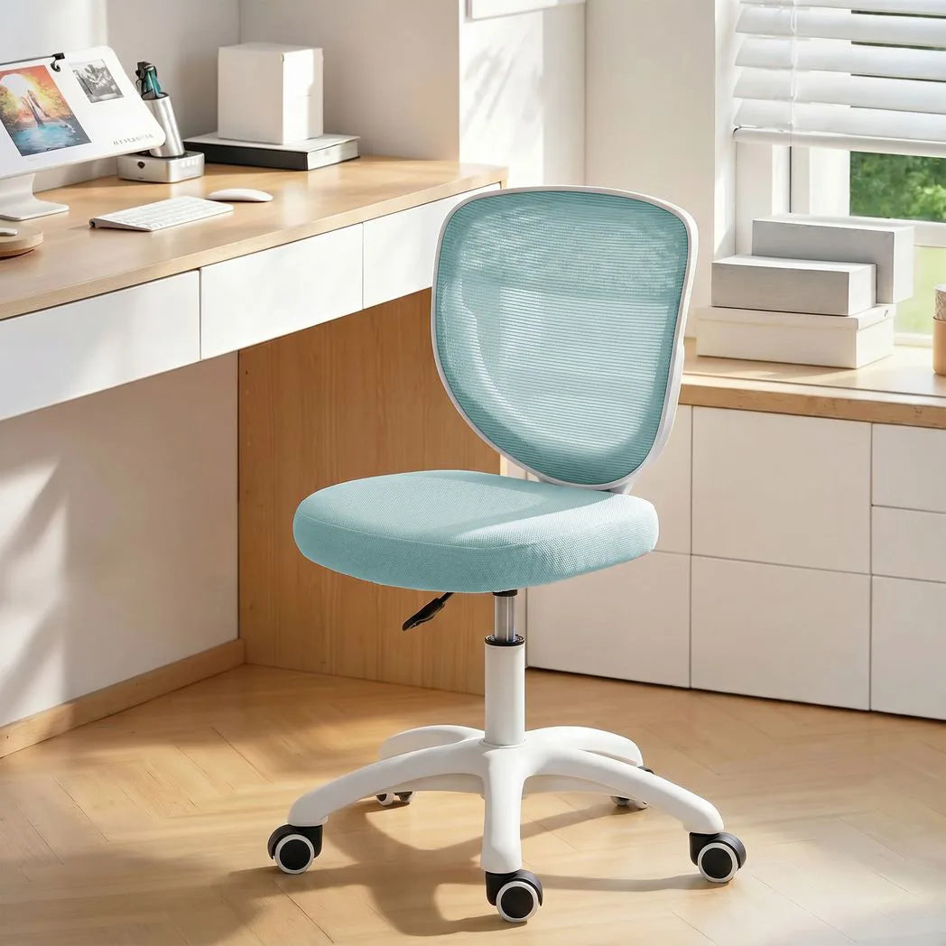 HOMCOM Office Chair, Armless Computer Desk Chair with Breathable Mesh, Adjustable Height, Swivel Wheels, Light Blue