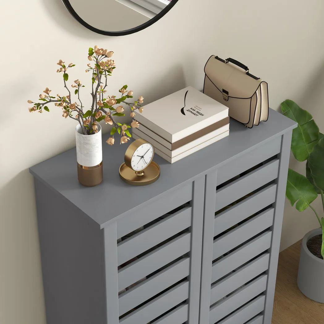 HOMCOM Narrow Shoe Cabinet for Entryway, 5-Tier Slim Shoe Storage Cabinet with 2 Slatted Doors and Adjustable Shelves Grey