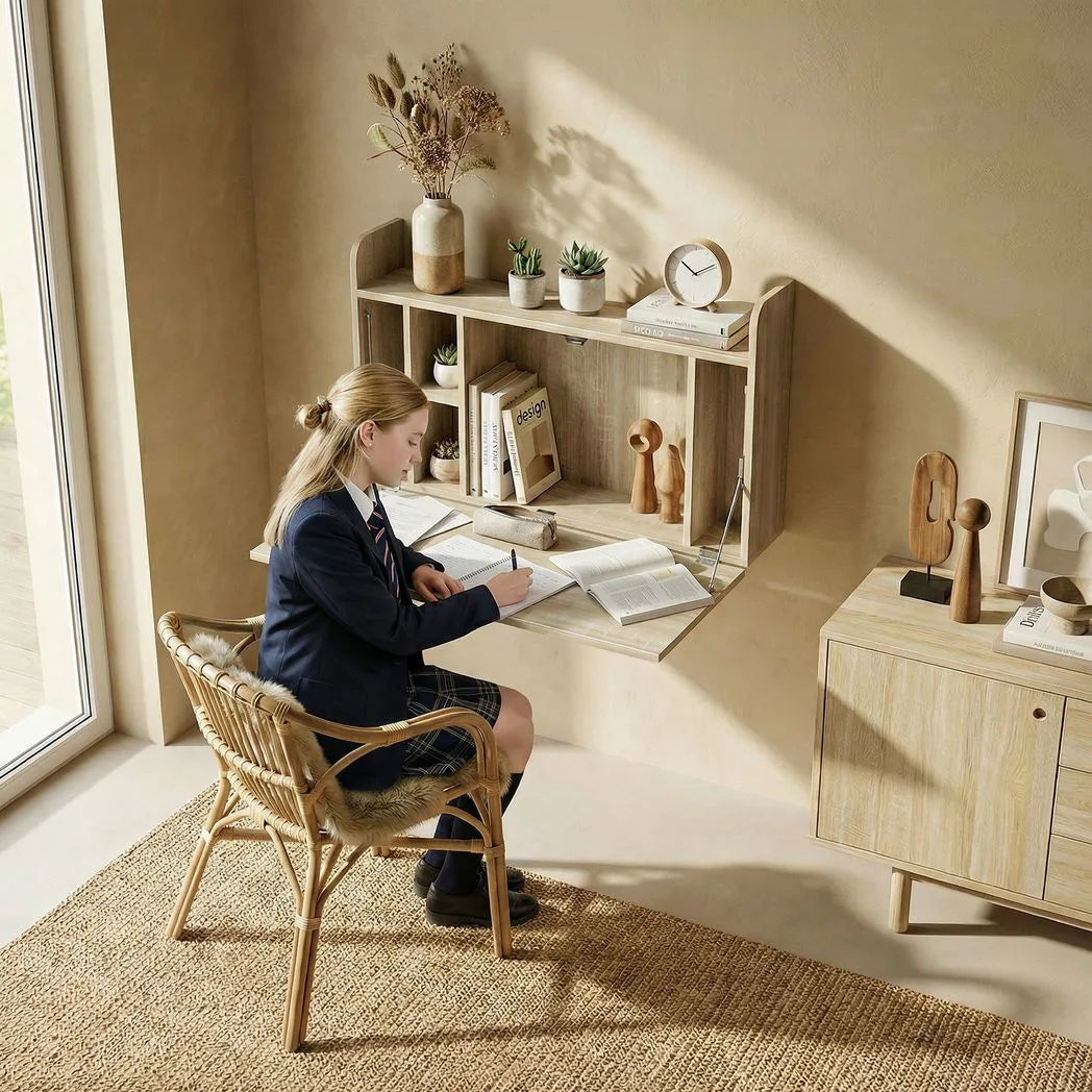HOMCOM Wall Mounted Desk, Drop Leaf Floating Laptop Desk with Space Saving Storage Compartments for Home Office, Oak