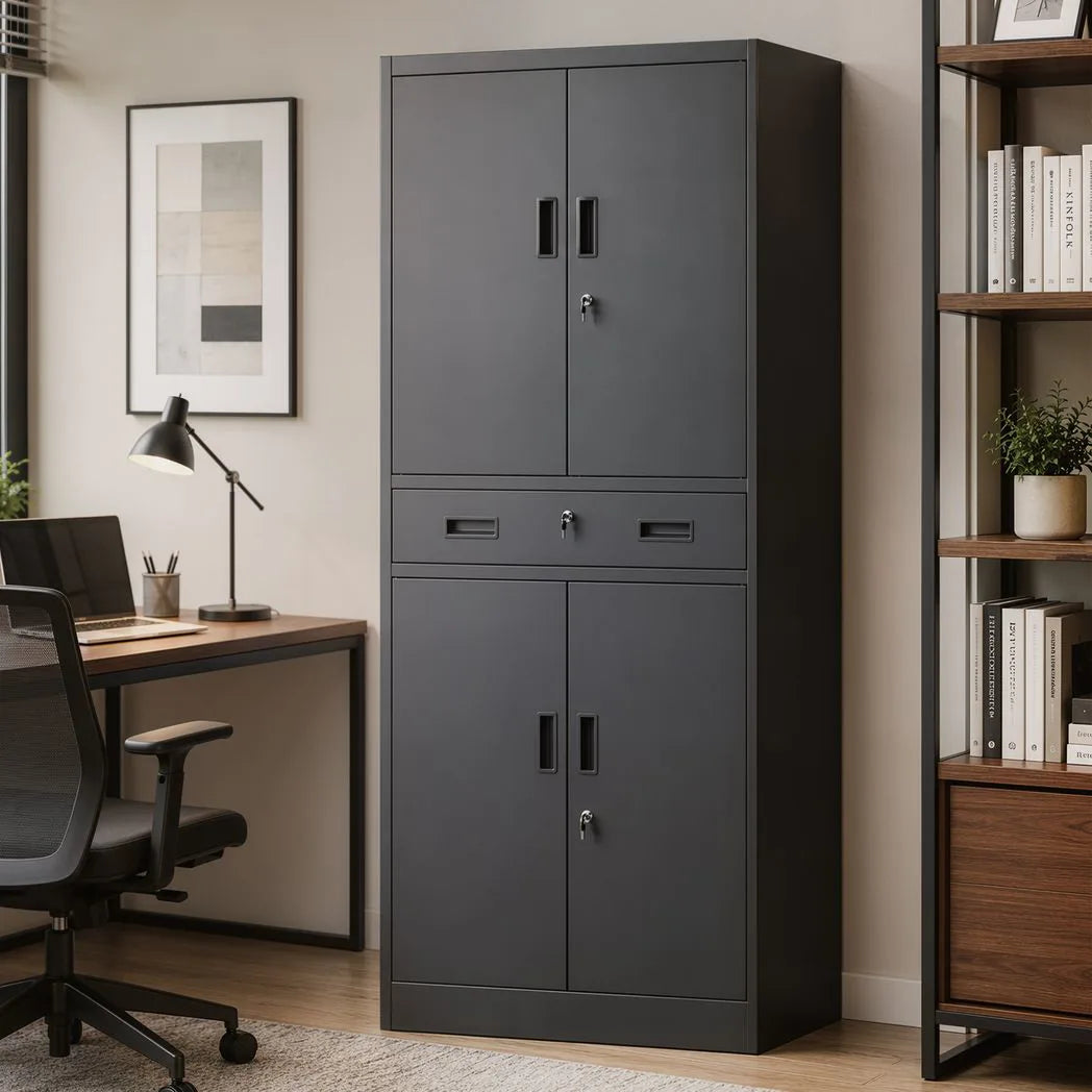HOMCOM Metal Storage Cabinet, 180cm Tall Tool Cabinet with Locking Doors, Drawer and Adjustable Shelves, Black