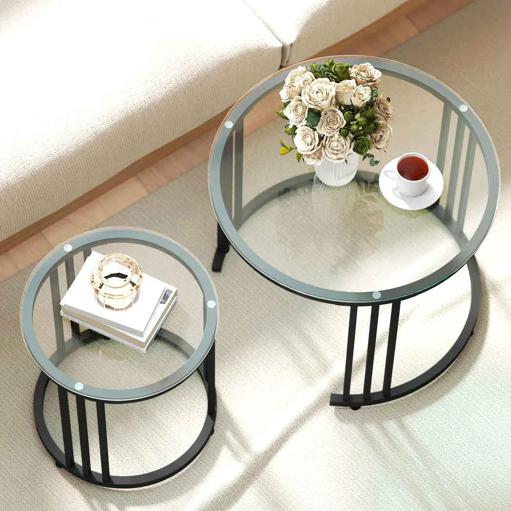 HOMCOM Round Coffee Tables Set of 2, Nesting Tables with Tempered Glass Top and Steel Frame, Black