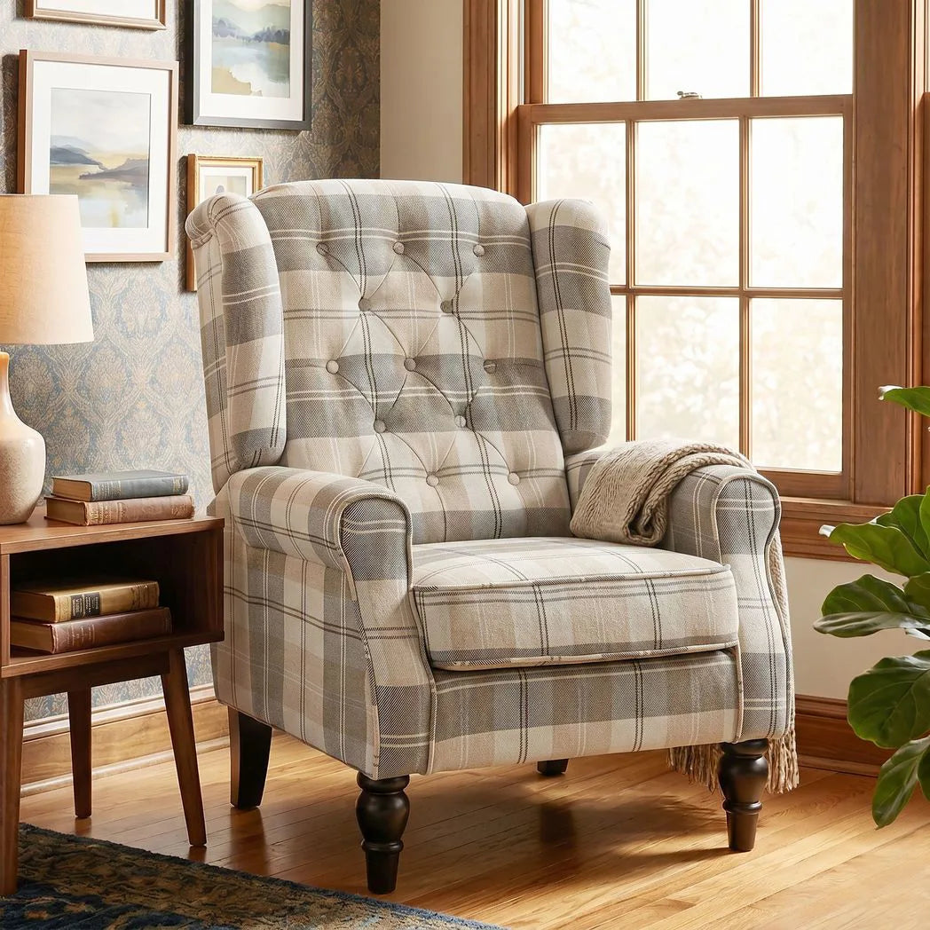 HOMCOM Wingback Accent Chair, Linen-Look Fabric Armchair with Thick Spring Cushion, High Back, Khaki Plaid