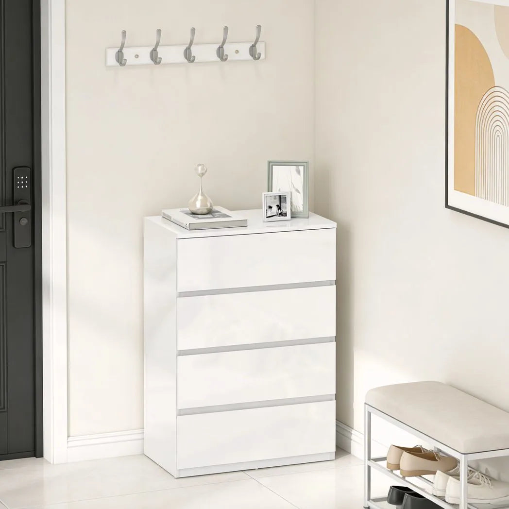 HOMCOM High Gloss Chest of Drawers, 4-Drawer Storage Cabinets, Modern Dresser for Bedroom, White