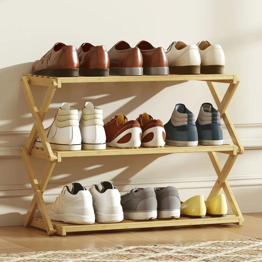 HOMCOM Three-Tier Folding Bamboo Shoe Rack - Natural Finish