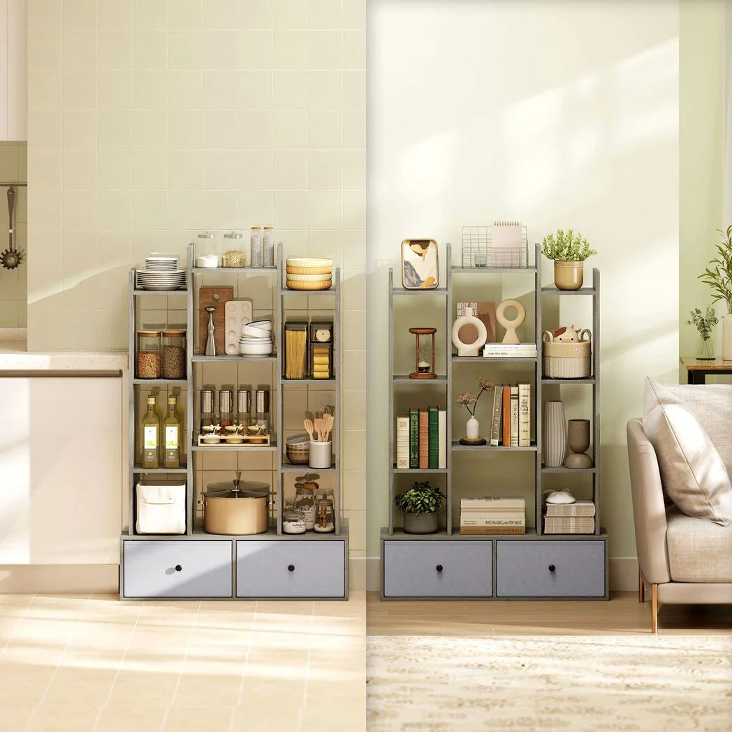 HOMCOM 12 Shelf Storage Unit, with Drawers - Graphite Wood Effect