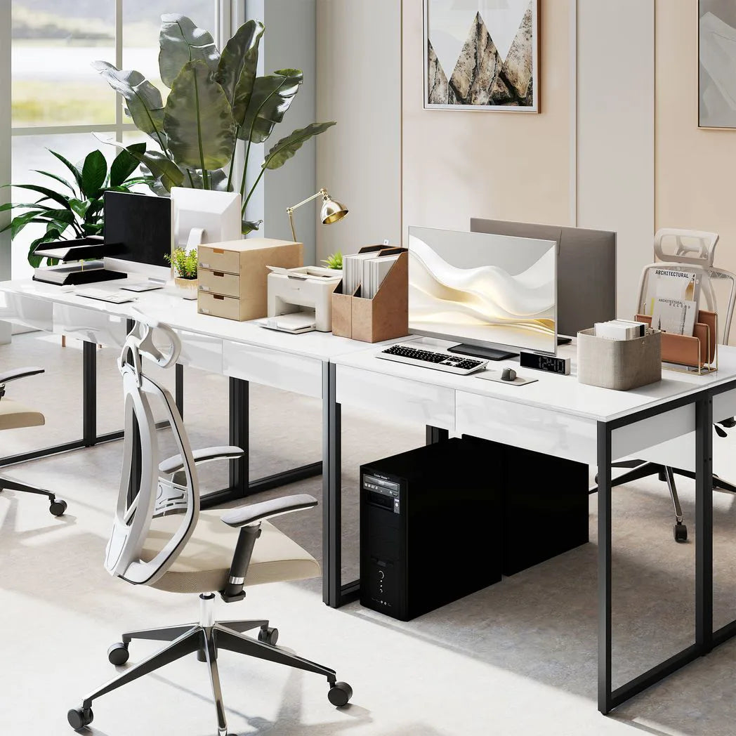 HOMCOM High Gloss Work Table, with Drawers - White