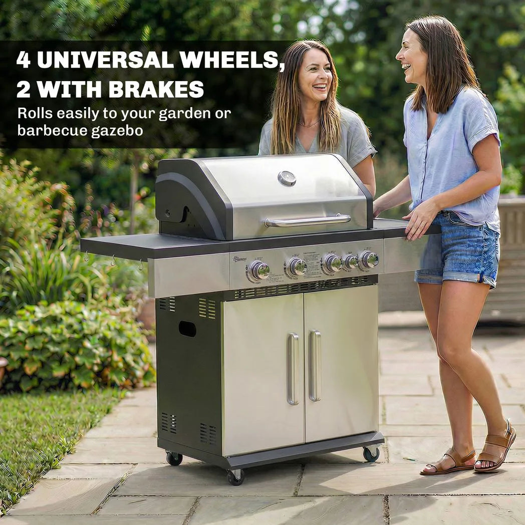 Outsunny 4 Burner Gas BBQ Grill, Portable Gas Barbecue Grill with Side Burner, Warming Rack, Side Shelf, Storage Cabinet