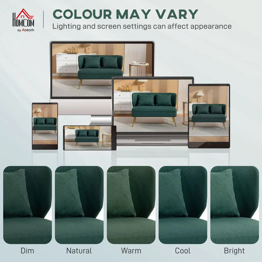 HOMCOM 2 Seater Sofa, Linen-look Fabric Small Sofa with Wing Back, Thick Seat, Metal Legs, Dark Green