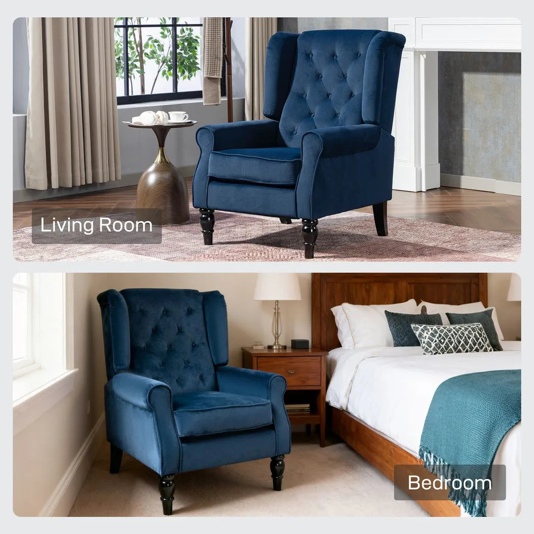 HOMCOM Wingback Accent Chair, Retro Upholstered Button Tufted Occasional Chair for Living Room and Bedroom, Dark Blue