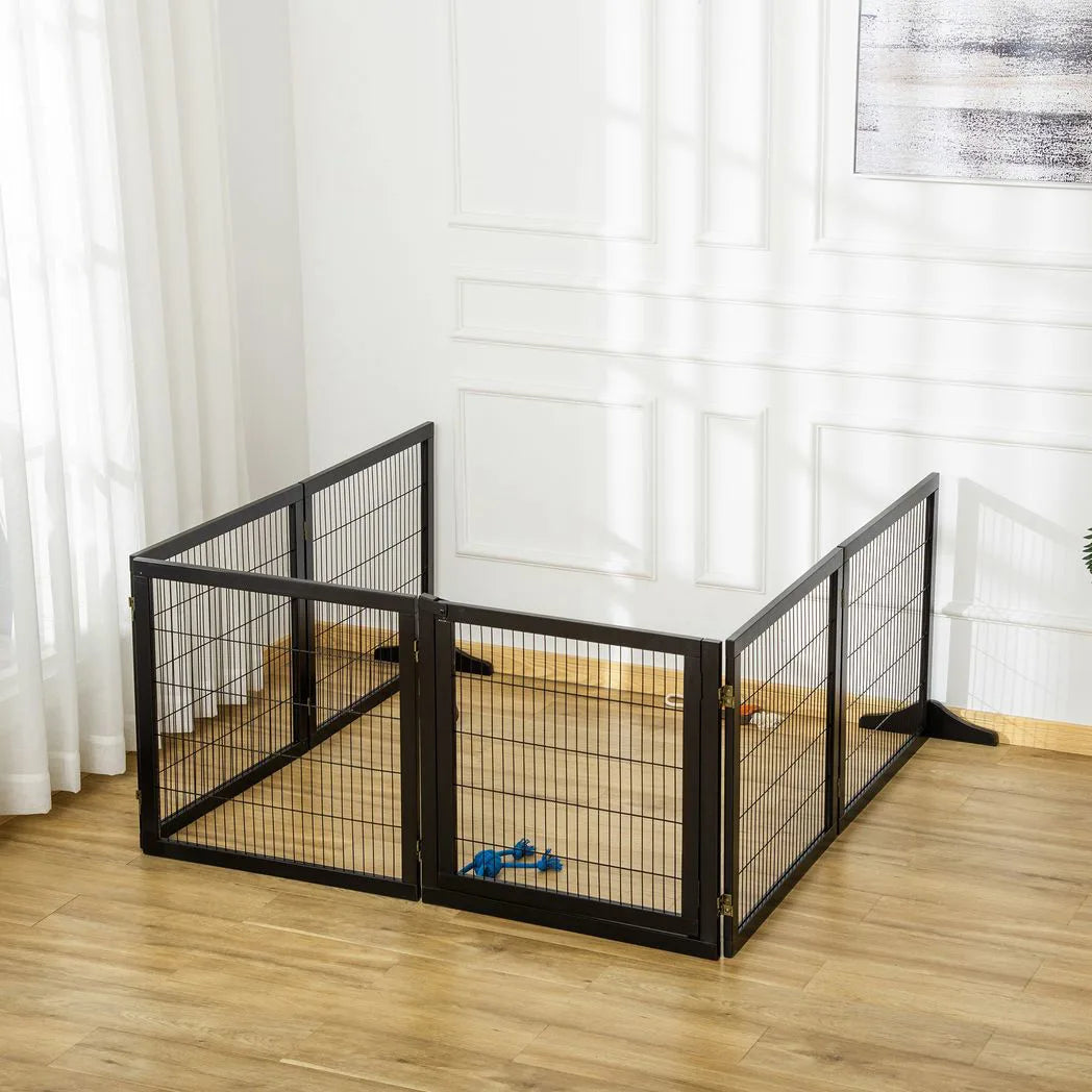 PawHut Wooden Pet Gate, Freestanding Dog Security Barrier with Two Support Feet - Black