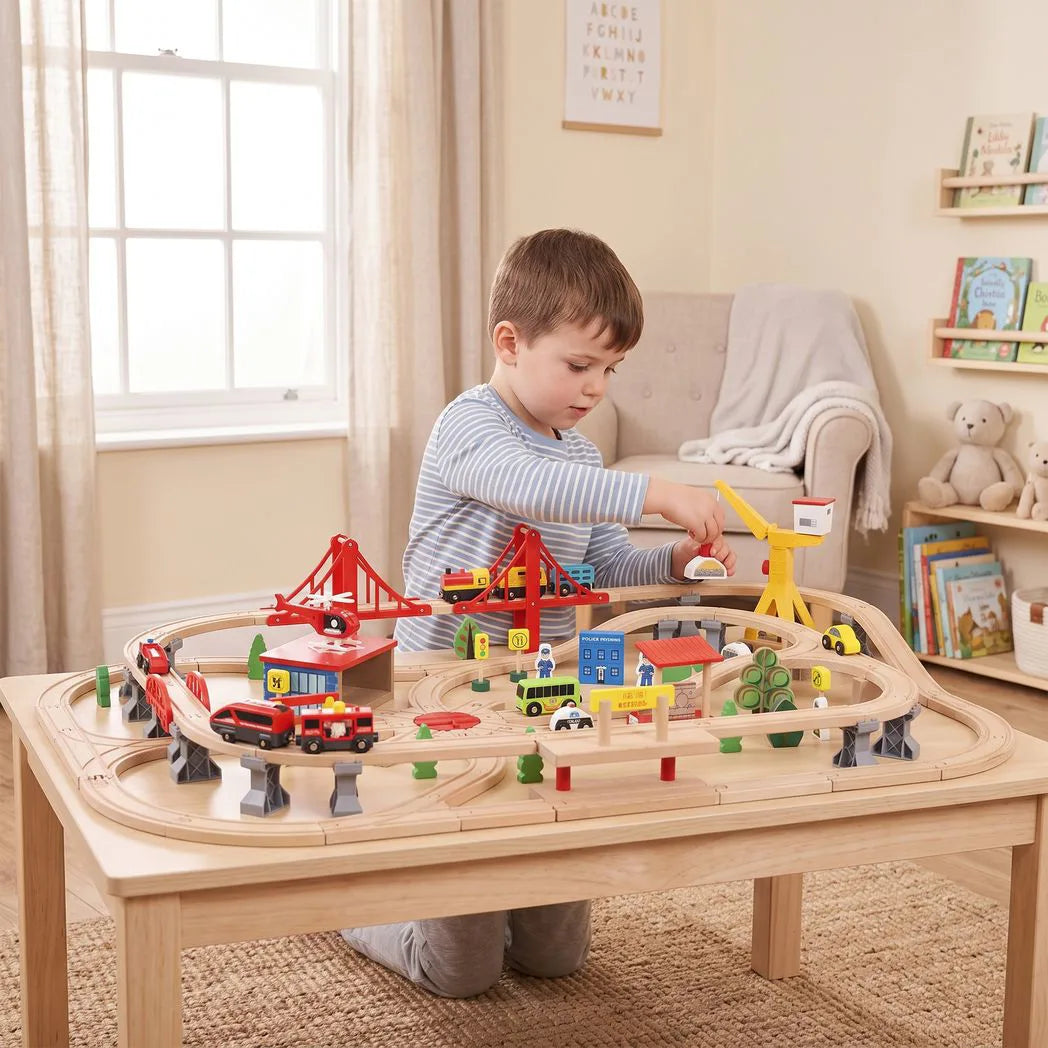 AIYAPLAY 133-Piece Wooden Train Set, Toy Train with Crane, Storage Box, for Kids Ages 3