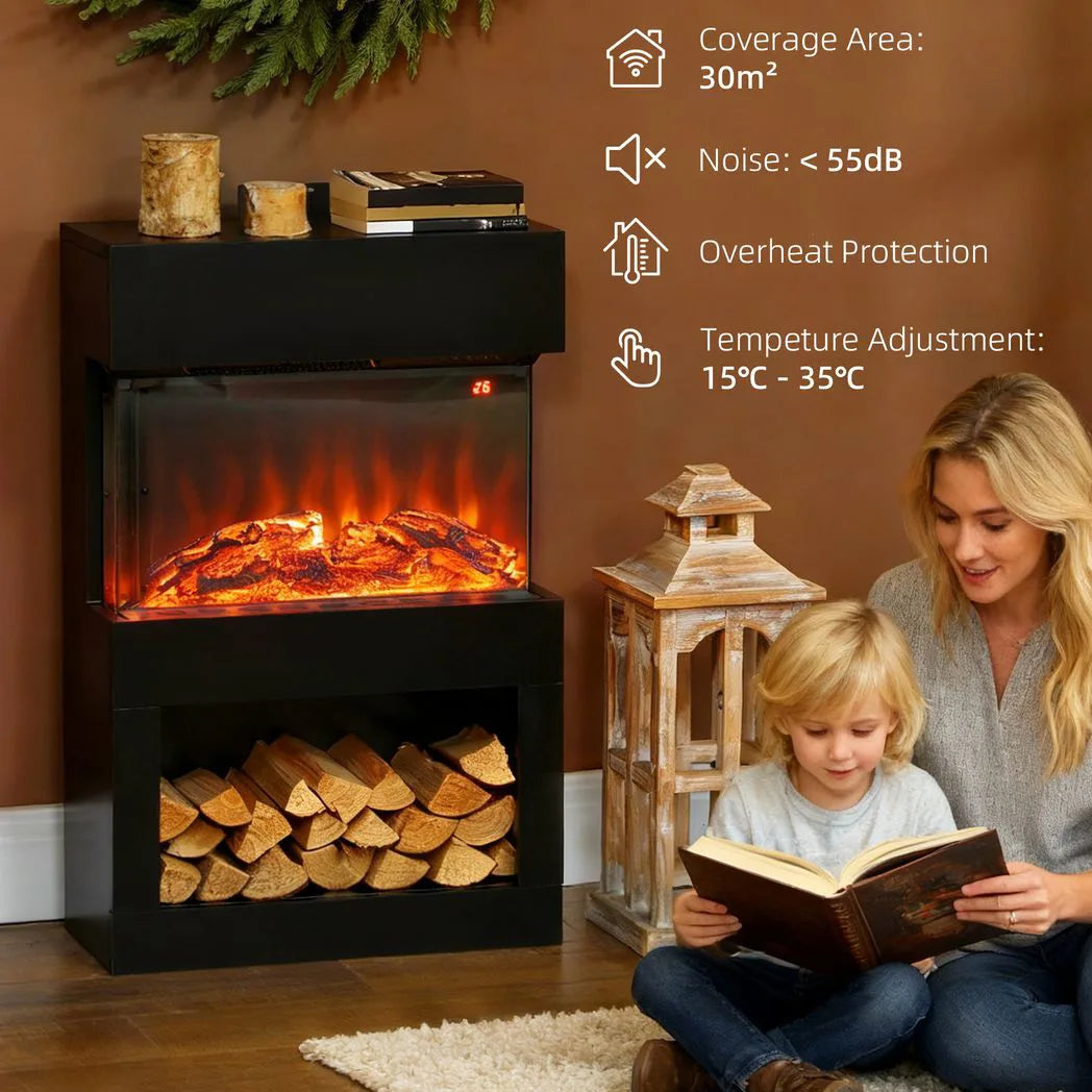 HOMCOM 19" Electric Fireplace with Surround, 3D Flame Effect, 6 Colours & 3 Brightness Levels, 1000W/2000W Black Electric Fire and Mantel Reach up to 30? Space with Remote & Timer, 3 Sided View