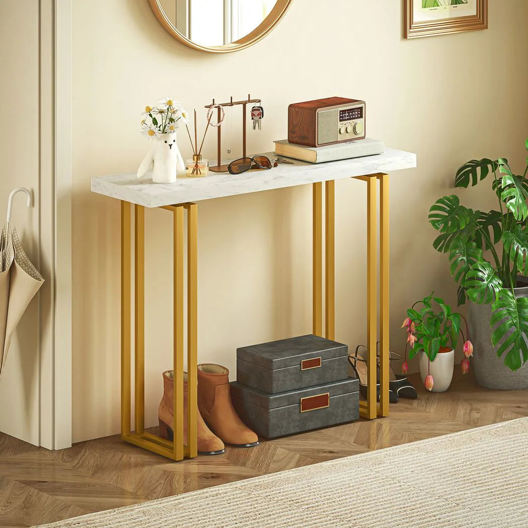 HOMCOM 100 cm Console Table with Faux Marble Top, Narrow Entryway Table with Anti-tipping Device, White