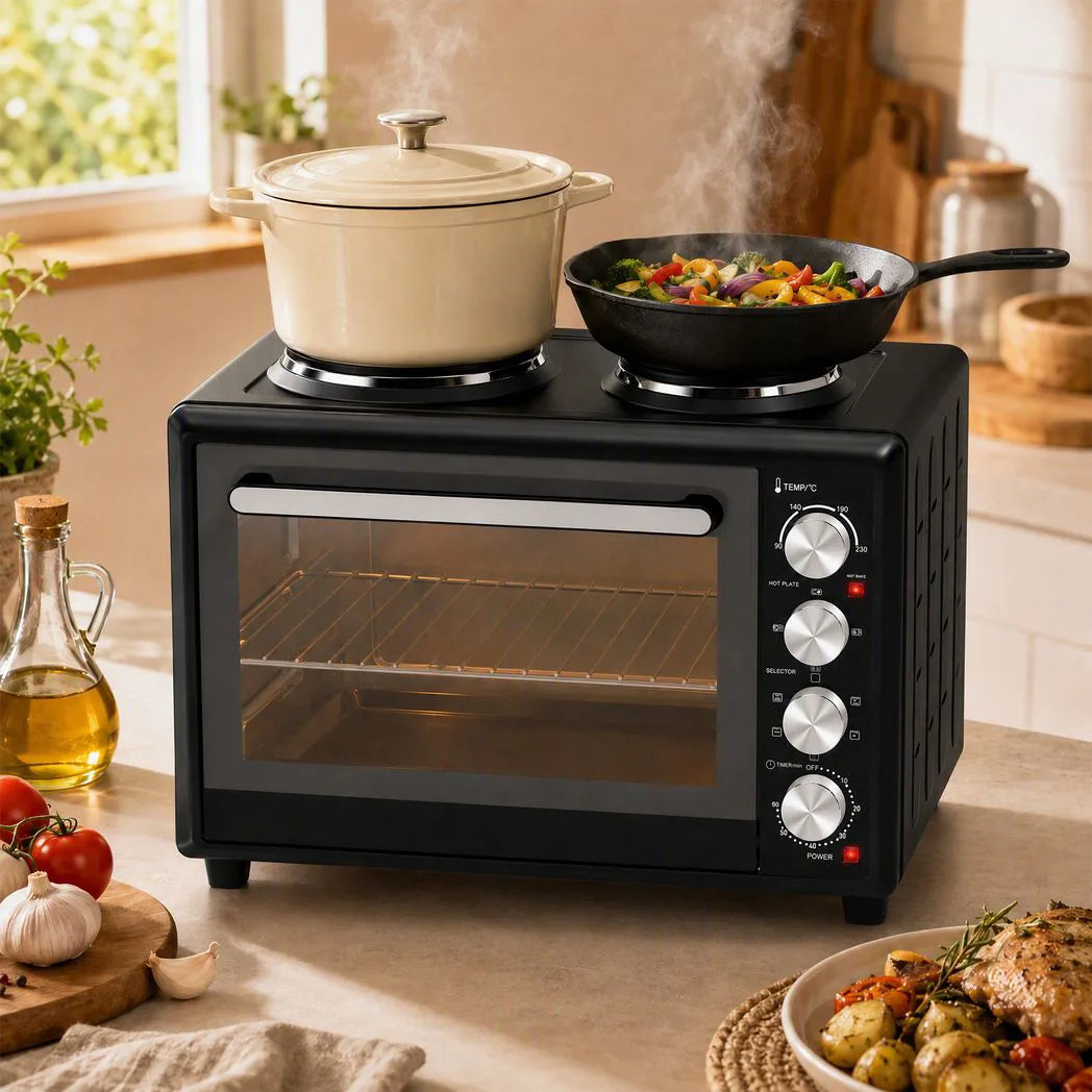 HOMCOM 36L Mini Oven with Dual Hot Plates, Electric Countertop Cooker with Convection, 90?230°C Adjustable Temperature