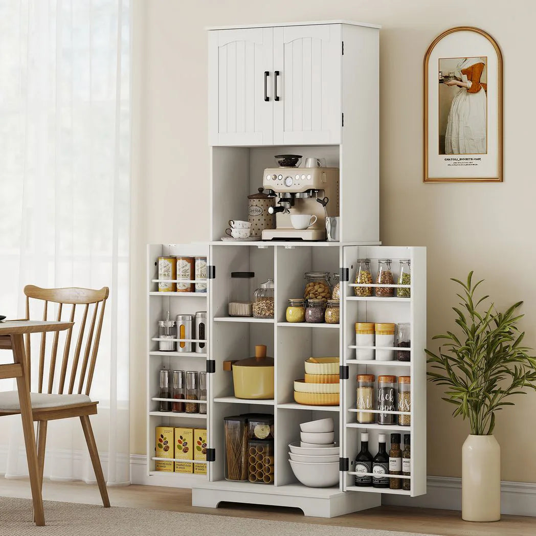 HOMCOM 181.5 cm Freestanding Storage Cabinet, Tall Kitchen Cupboard with Adjustable Shelves, 8 Door Spice Racks, White
