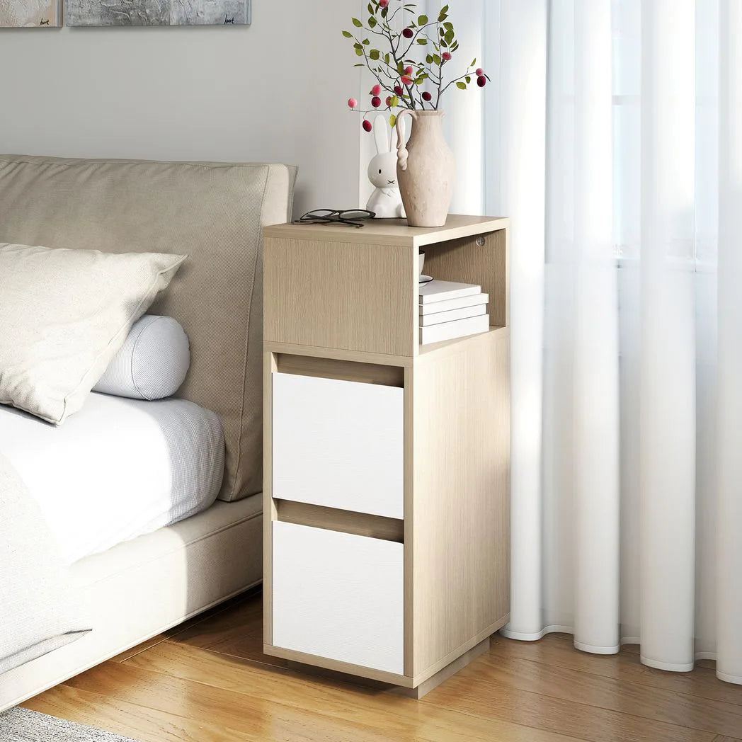 HOMCOM Slim Bedside Table, Narrow Bedside Cabinet with Open Shelf and 2 Drawers for Bedroom, Living Room, Natural Wood Finish