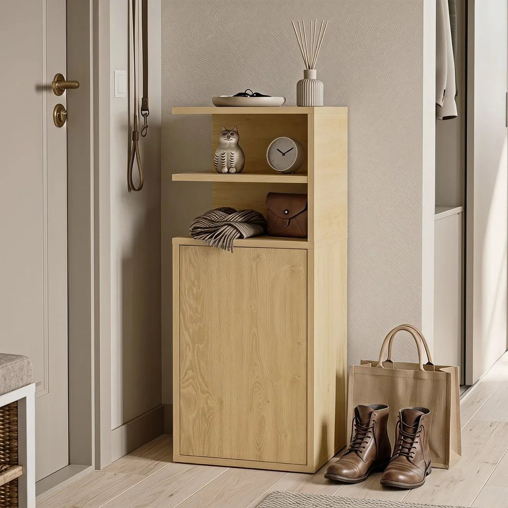 HOMCOM Slim Bedside Table Set of 2, Narrow Bedside Cabinet with Open Cubbies and Cupboard for Bedroom Living Room, Oak
