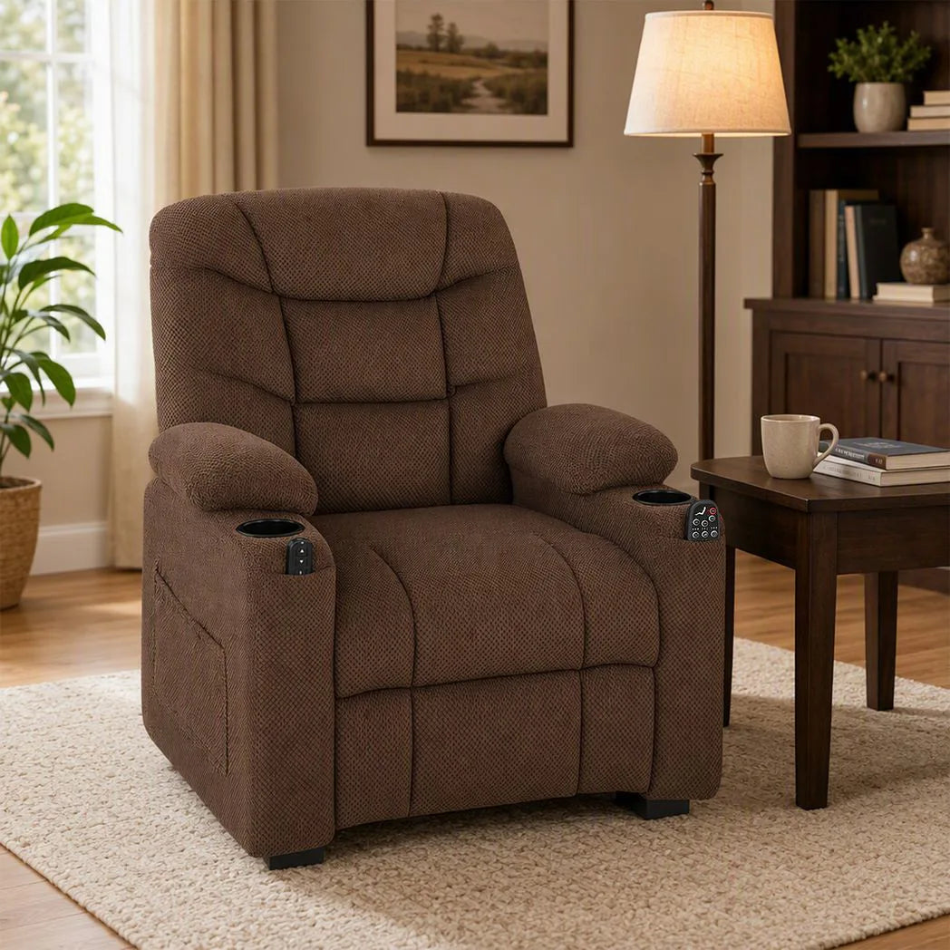 HOMCOM Electric Massage Recliner Armchair with Vibration, Heat, Whisper-Quiet Motor, Memory Function, Fleece Power Reclining Chair with Spring Pack, USB Port, Footrest, Side Pocket, Brown
