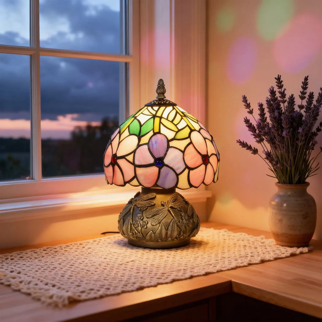 HOMCOM Tiffany-Style Table Lamp with Sculpted Dragonfly Base, Handcrafted Classic Stained Glass Bedside Lamp for Living Room and Bedroom, E27 Socket, Pink