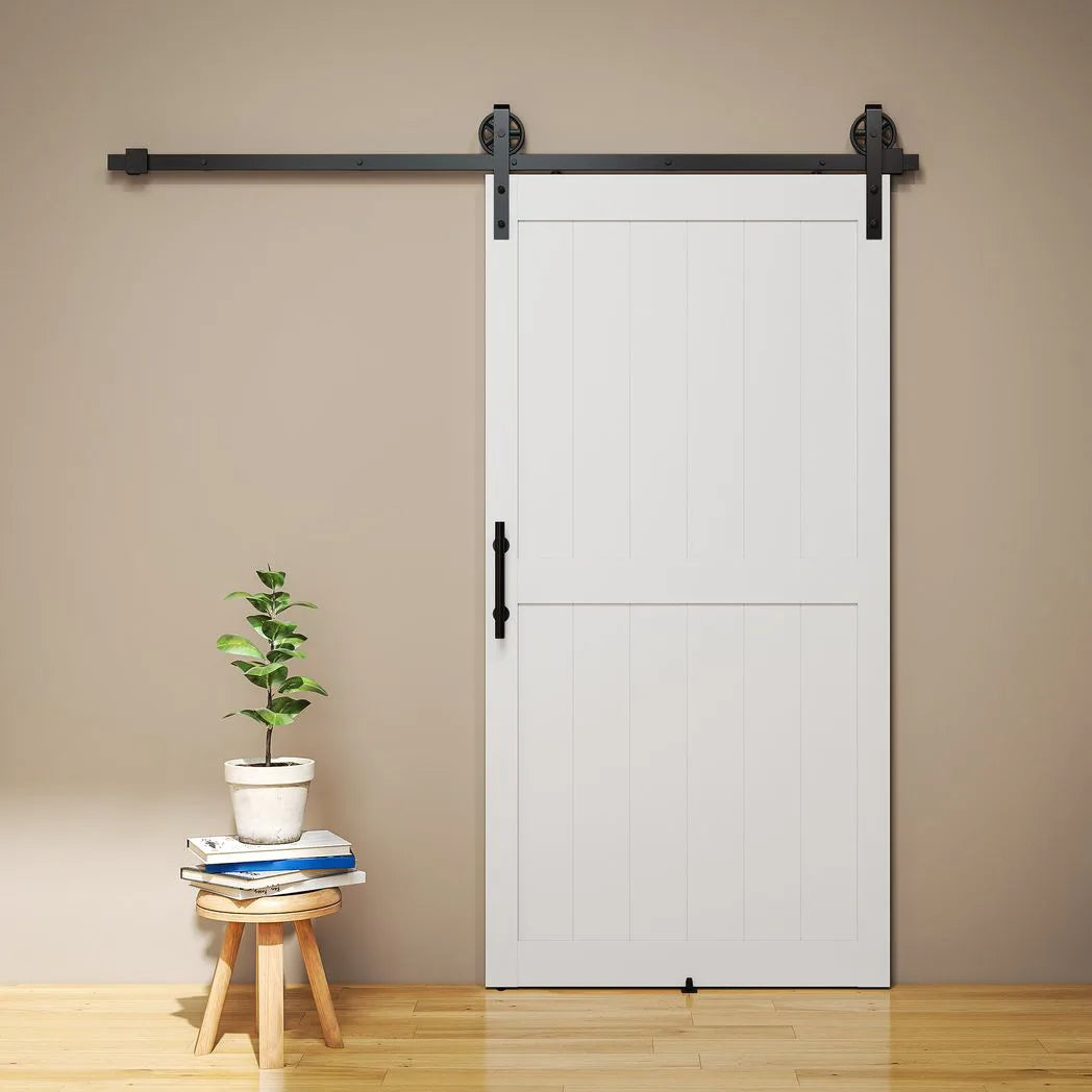 HOMCOM 213.4cm Sliding Barn Door Kit, Sliding Door with Track, Hardware, Upgraded Rollers and Floor Guide, Handle, White