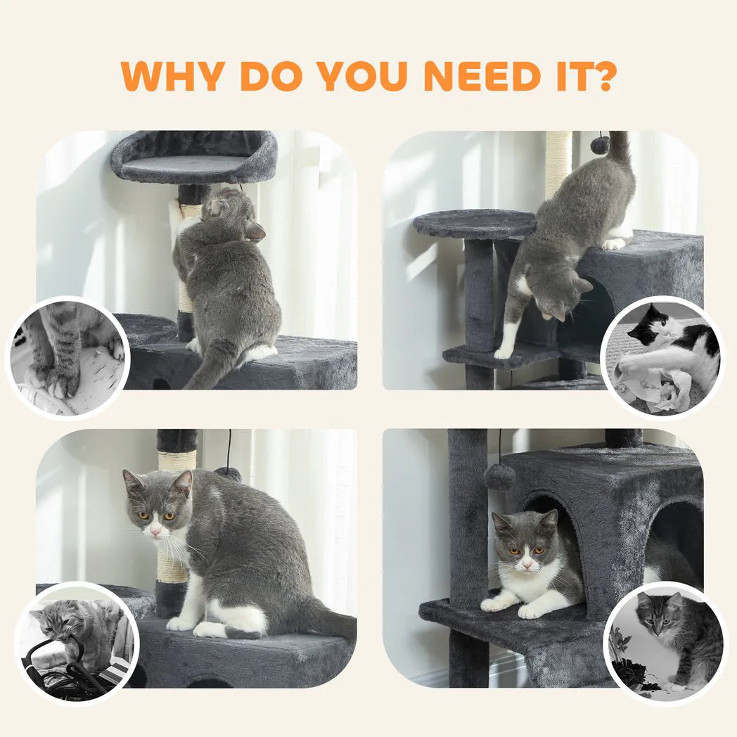 PawHut 140cm Large Cat Tree Tower with Sisal Scratching Posts, Cat Houses, Plush Perches, Hammock, Ladder, Dark Grey