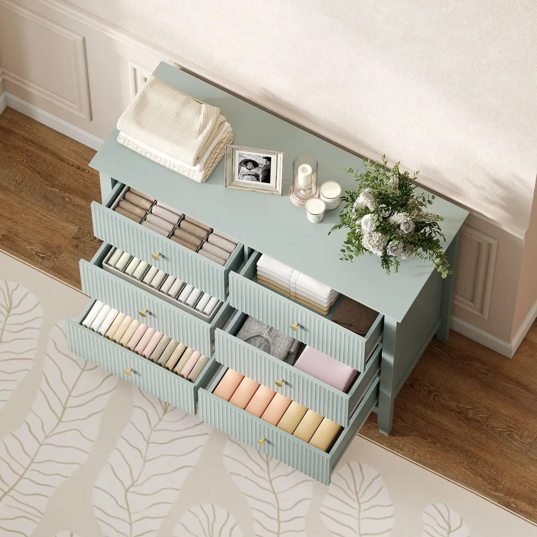 HOMCOM Fluted Dresser, 6 Drawer Chest of Drawers for Bedroom, Living Room, Hallway, Closet, Green