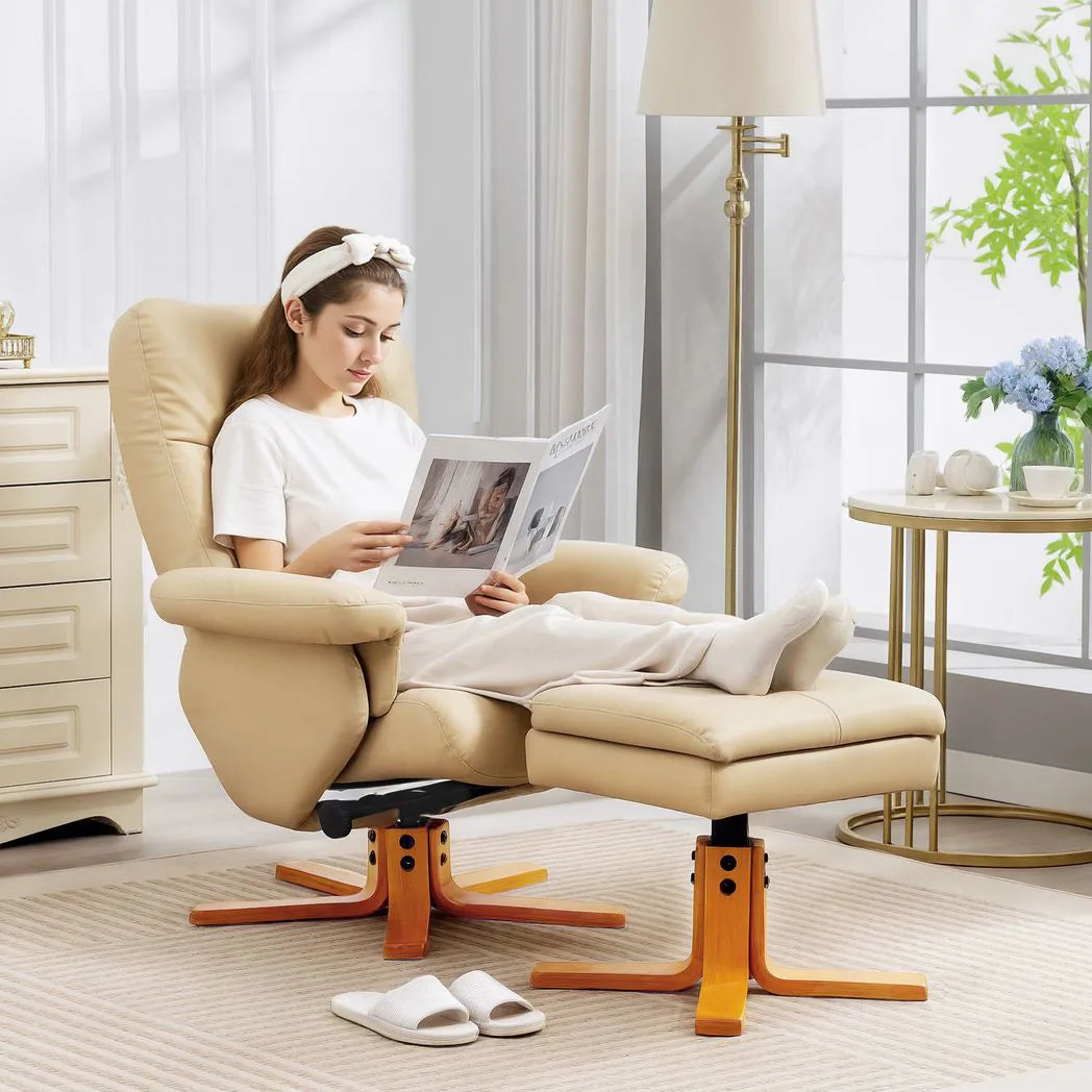 HOMCOM PU Leather Swivel Recliner Chair with Footstool, Wooden Base and Storage for Living Room, Beige