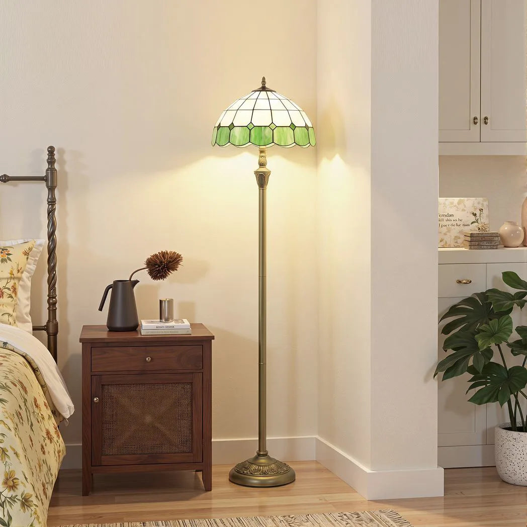 HOMCOM Tiffany-Style Floor Lamp with Handcrafted Stained Glass Shade, 152cm Tall Vintage Standing Lamp, Bronze Tone and Green