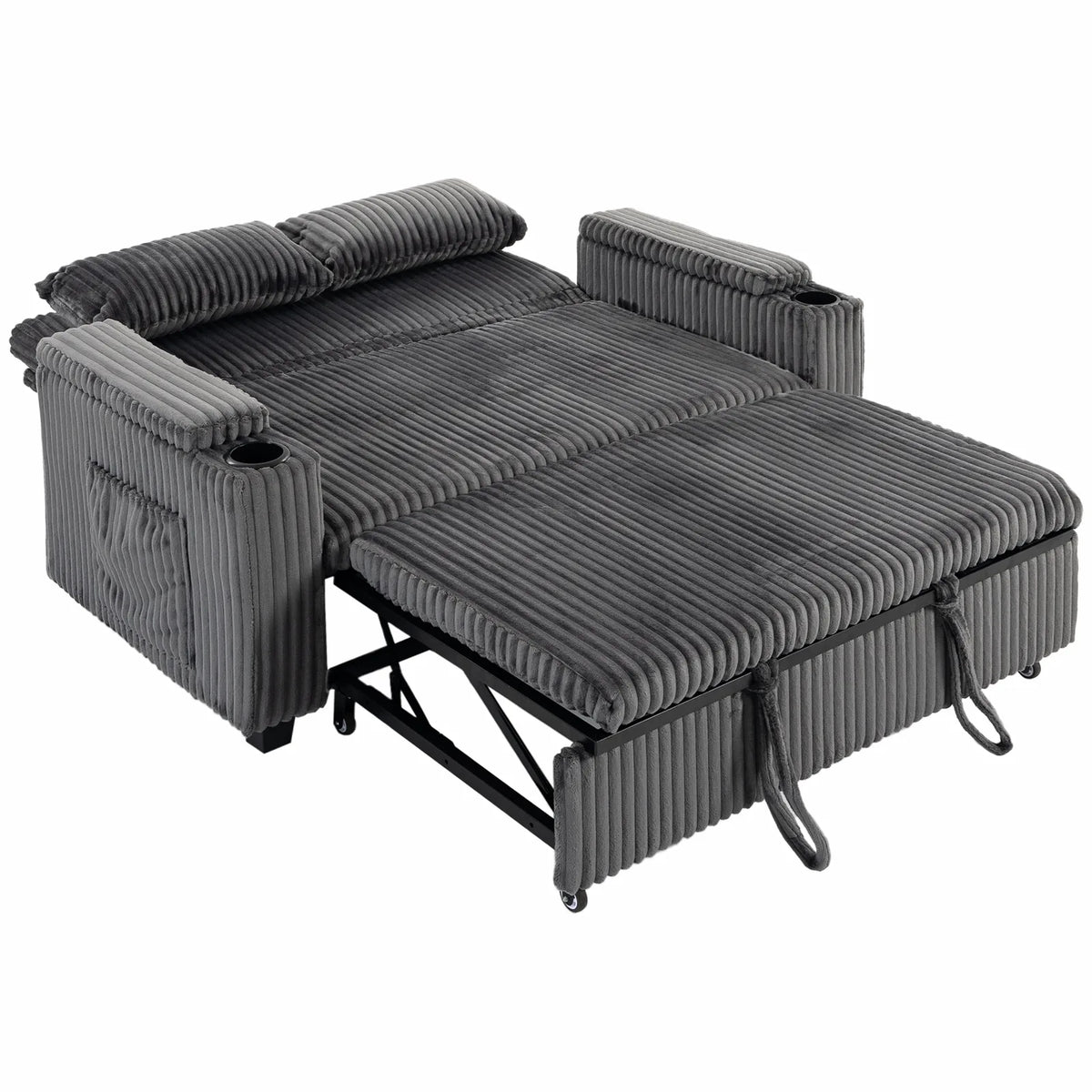 HOMCOM 2 Seater Sofa Bed, Pull Out Sleeper Sofa w/ Adjustable Backrest, Storage Armrests, Cup Holders, Side Pockets, Dark Grey