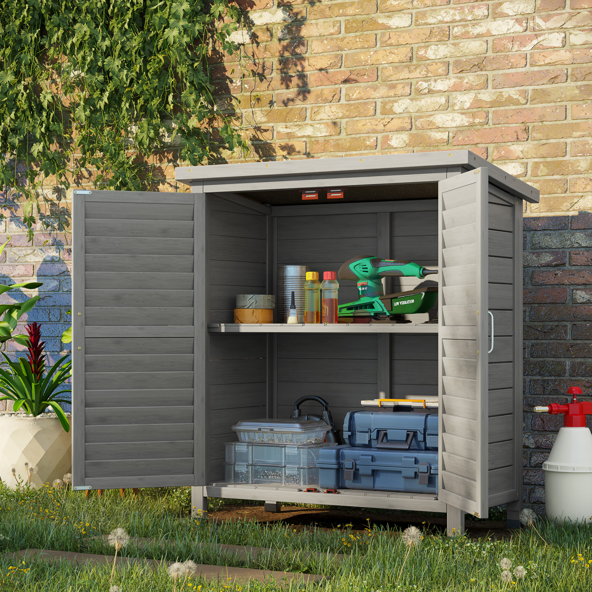 cortex-london-windsor-grey-fir-wood-garden-storage-shed-slatted-doors-two-shelves