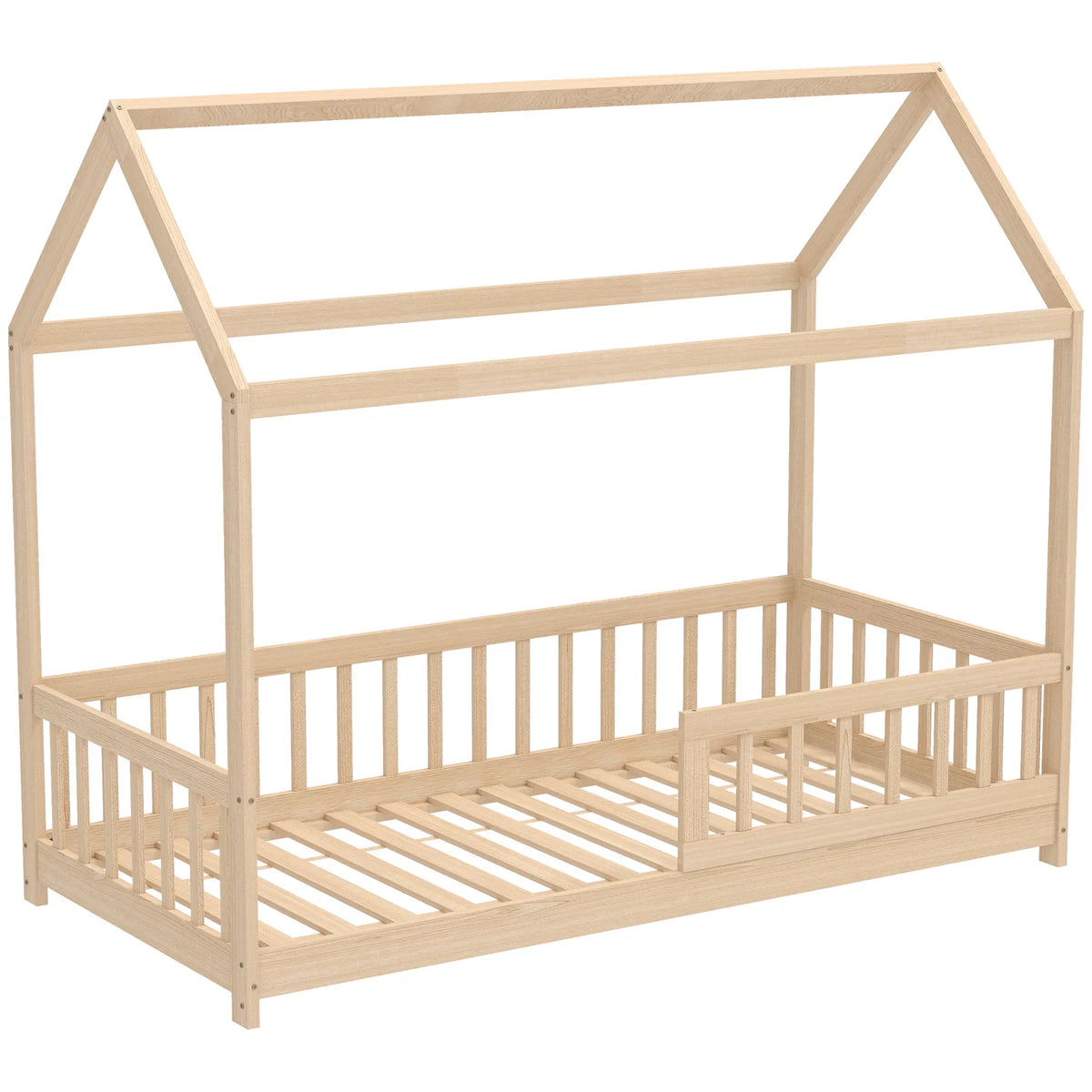HOMCOM House-Shaped Kids Bed Frame with Guard Rails, Solid Pine Wood Single Bed Frame for Kids Boys and Girls, Natural