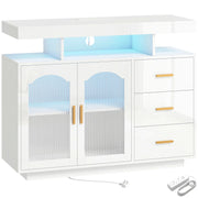 HOMCOM High Gloss Sideboard with LED Lights, Built-in Power Outlets, 3 Drawers, Shelves and 2 Acrylic Doors, White