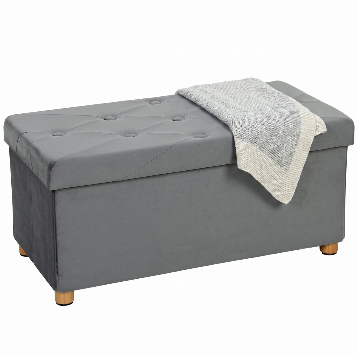 HOMCOM Velvet Upholstered Foldable Ottoman Footrest, Storage Ottoman Bench with Wood Legs for Living Room, Grey
