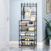 New Coat and Hat Stand 8 Hooks Metal Shoe Rack 5 Tiers Shelf Hanger Black