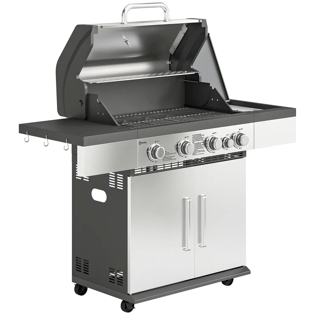 Outsunny 4 Burner Gas BBQ Grill, Portable Gas Barbecue Grill with Side Burner, Warming Rack, Side Shelf, Storage Cabinet