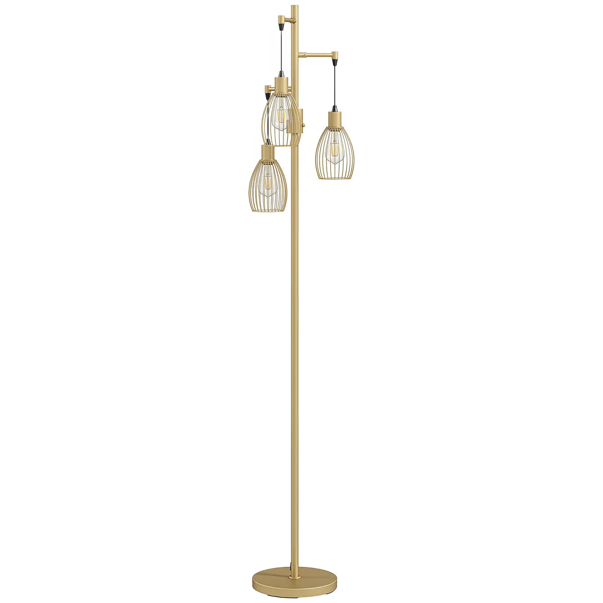 HOMCOM 170.5cm Industrial Dimmable Standing Lamp, 3-Light Floor Lamp with Steel Wire Cage Lampshades, Gold Tone