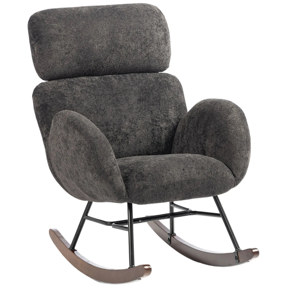 HOMCOM Upholstered Rocking Chair Adjustable Headrest Rocker Chair Raindrop Velvet Rubberwood Base Dark Grey