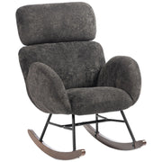 HOMCOM Upholstered Rocking Chair Adjustable Headrest Rocker Chair Raindrop Velvet Rubberwood Base Dark Grey
