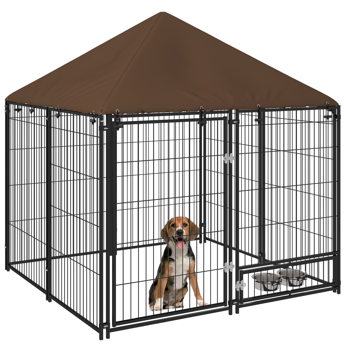 cortex-london-windsor-outdoor-dog-kennel-canopy-secure-lock-bowl-holder-black-brown