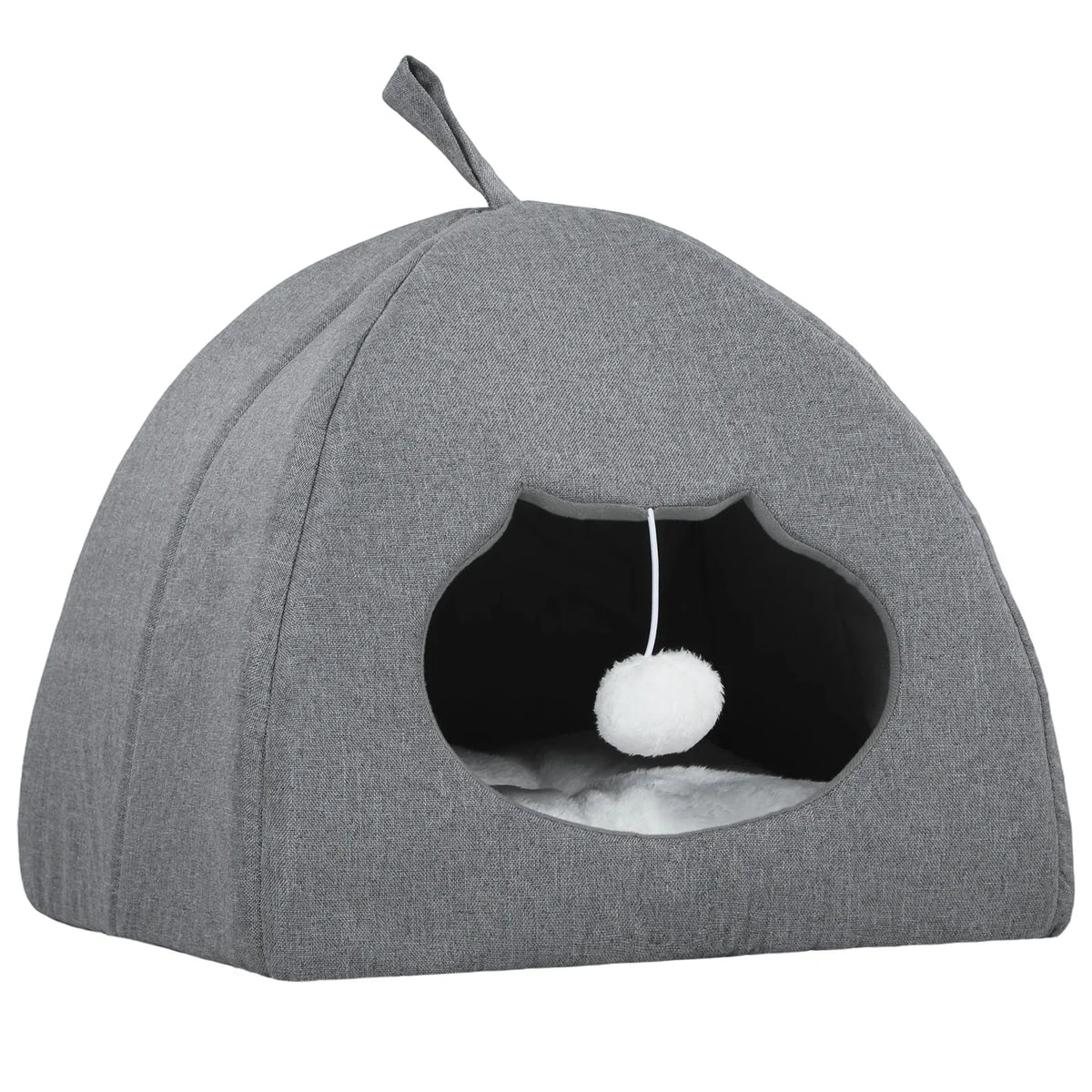 PawHut Cat Cave Bed for Indoor Kittens, Cat House with Removable Cushion and Teaser Ball, Kitty Igloo with Anti-Slip Base, 42 x 42 x 39 cm, Grey
