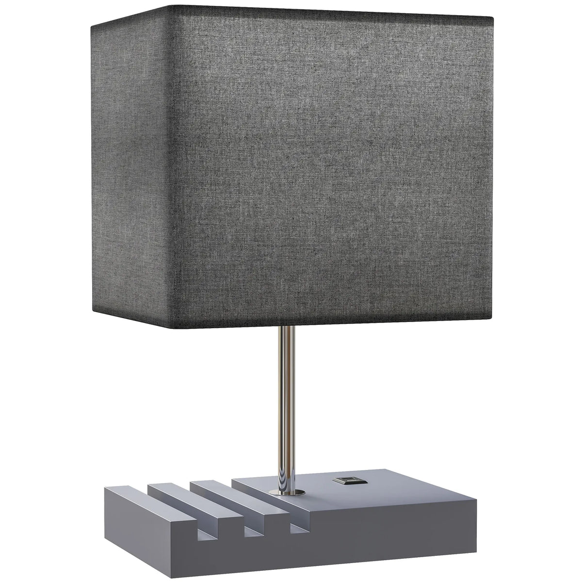 HOMCOM Bedside Lamp with USB A Charging Ports and 3 Phone Stands, Modern Table Lamp with Solid Wood Base and Fabric Shade for Bedroom Living Room Office, E27 Socket, Bulb Not Included, Grey