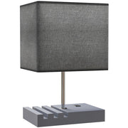 HOMCOM Bedside Lamp with USB A Charging Ports and 3 Phone Stands, Modern Table Lamp with Solid Wood Base and Fabric Shade for Bedroom Living Room Office, E27 Socket, Bulb Not Included, Grey