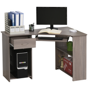 L-Shaped Corner Computer Desk & 2-Tier Side Shelves Wide Table Top Grey