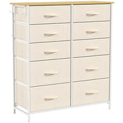 HOMCOM Chest of Drawers, Dresser with 10 Fabric Drawers, Tall Storage Unit with 4 Pockets and 2 Hooks Steel Frame, Beige